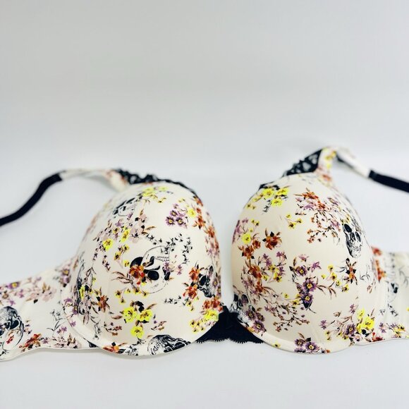 Torrid Curve Women Bra 40DD White Wildflowers Push Up Skull Plunge Underwire EUC - Picture 4 of 10